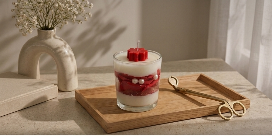 Crimson Clover Bloom Candle styled on a wooden tray with wick trimmer