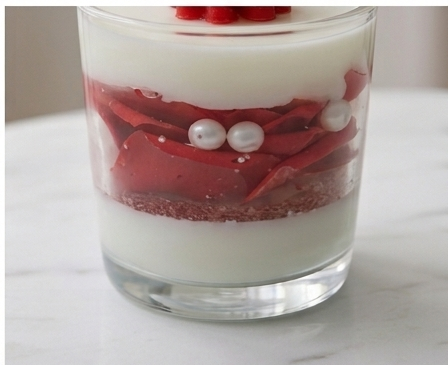 Close-up of crimson wax petals and pearl accents inside the glass tumbler