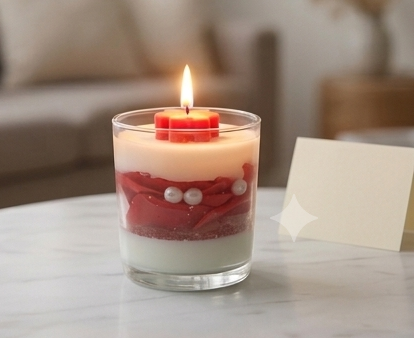 Crimson Clover Bloom Candle lit, glowing softly in a living room setting