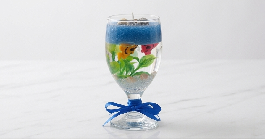 Aquarium Gel Candle in a stemmed glass with sapphire sand, plants and fish, finished with a blue ribbon