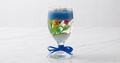 Aquarium Gel Candle in a stemmed glass with sapphire sand, plants and fish, finished with a blue ribbon