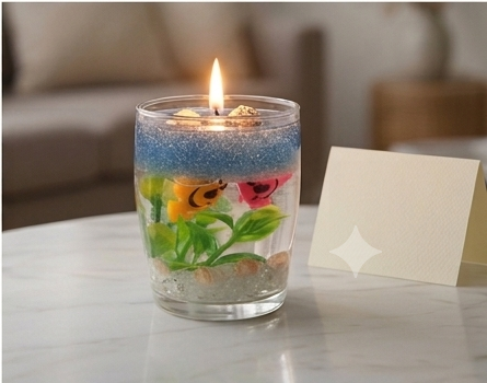 Aquarium Gel Candle lit on a marble table beside a folded card