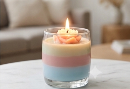 Rosé Pastel Bloom candle lit on a marble table